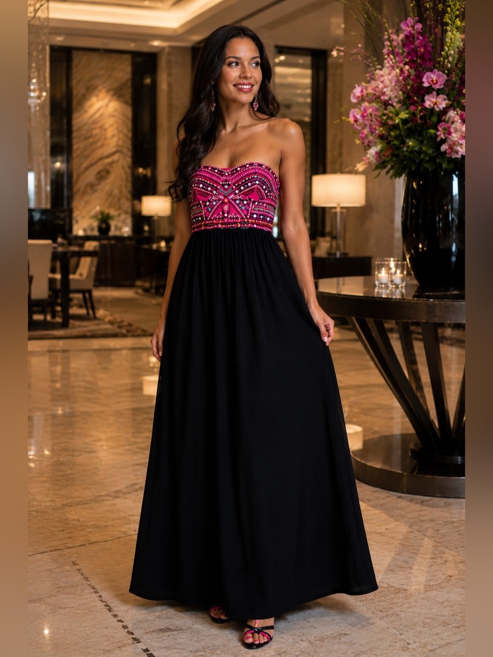 EUC Marineblu SZ M black/pink multicolored strapless maxi dress, bust 28”-34”